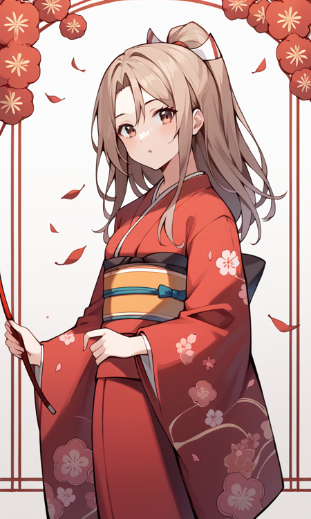 zuihouKC, long hair, wide sleeves, headband, light brown hair, high ponytail, hakama, muneate, red shorts, hachimaki,