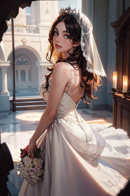 woman, <lora:Wrise_Rapunzel:0.4>, rapunzel, (long hair:1.4), (very long hair:1.45), (absurdly long hair:1.5), blonde hair, smile, shy smile, high heels, earring, collar, (white dress:1.5), (wedding crown:1.2), (wedding dress:1.5), (bridal dress:1.2), (flower:1.2), (wedding party:1.2), from behind,, (masterpiece, high quality, best quality:1.3), (photorealism:1.3), (dynamic shadows, dynamic lighting:1.2), (natural skin texture:1.5), (natural lips, detailed lips:1.3), (natural shadows, detailed shadows:1.5), (hyperrealism, soft light, sharp), (hdr, hyperdetailed:1), (intricate details:0.8), detailed eyes, detailed hair, detailed skin, 8k, (cinematic look:1.4), insane details, intricate details, hyperdetailed, low contrast, soft cinematic light, exposure blend, hdr, faded, slate gray atmosphere, (everything Detailed), <lora:more_details:0.2>, <lora:add_detail:0.2>, <lora:detail_slider_v4:0.2>,<lora:camrronev1-000012:1> camimarr0