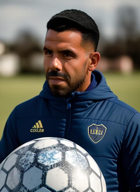 portrait of sks man (tevez:1), serious look with very short hair, dressed with blue jacket, holding a (soccer ball:1.3), (outdoors:1.2), natural lighting, 4k, 8k, 8k realistic, sharp focus, intricate, high resolution  <lora:tevez:1>