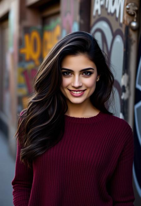 a brunette woman wearing a maroon sweater,she is beautiful,she is smiling in a sexy way, professional photo shoot, urban grunge setting, graffiti, DSLR, film