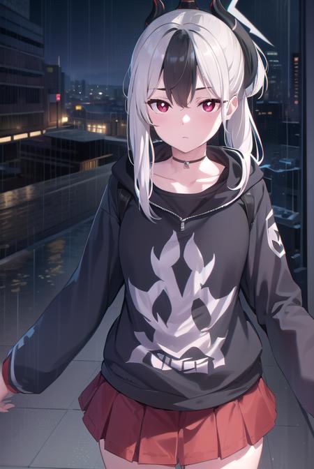 kayoko onikata, black hair, demon horns, hair between eyes, halo, horns, long hair, low wings, mole, mole on collarbone, multicolored hair, ponytail, (red eyes:1.5), single wing, two-tone hair, white hair, wings, black ponytail, black hoodie, choker, hood, hoodie, pleated skirt, skirt, red skirt,