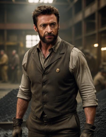 dynamic angle, steampunk hugh jackman wearing dirty clothes standing in a factory covered in coal dust, Victorian, movie still, industrial, mechanical, detailed, gritty, brass and copper, intricate