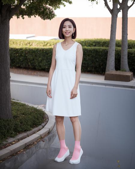 a woman in a white dress standing in front of a tree with blue sky and a pink background,full body, socks,