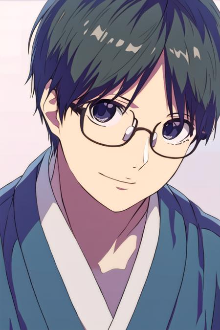 masterpiece, best quality, high quality, 1boy, solo, male focus, looking at viewer, upper body, <lora:takezou_kurata:0.76>, takezou_kurata, black hair, glasses, black eyes, realistic, yukata