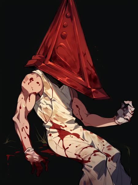 pyramid head, male focus, solo, muscular, helmet, pale skin holding sword,