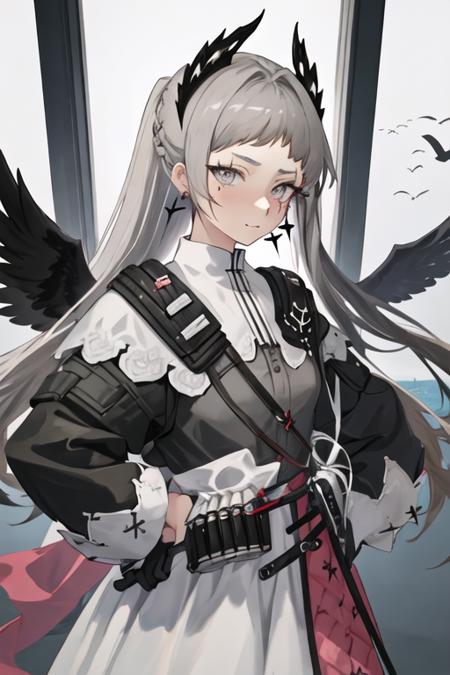 best quality, masterpiece, highres, solo, {irene_arknights:1.15}, long_hair, grey_hair, head_wings, scar, scar_across_eye, grey_eyes, earrings, jewelry, scar_on_face, closed_mouth, upper_body, very_long_hair