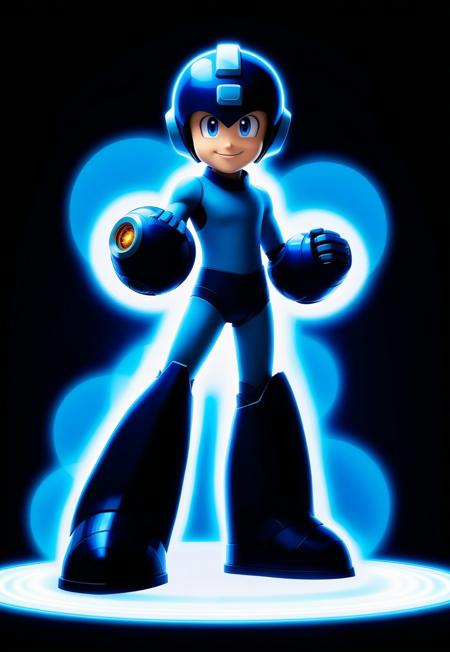Character,megaman, blue bodysuit, thick blue round armored gauntlet, thick blue round armored boots, right arm buster cannon, blue helmet, sleek streamlined designed, bright blues clean aesthetic robotic, fullbody, full body shot, cartoon style, proud face, excited pose, in the style of golden future. sparks are falling as meteor shower colored baroque geometric patterns float around the canvas in the style of colorful digital art. Black background, neon lights, surrealism, high contrast, vibrant colors, psychedelic patterns, ethereal glow. The overall mood should be one of happy tomorrow and hopefull beauty