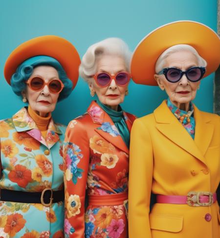 Frank sagace 'fashion old ladies', close up realistic fashion photos, in the style of kelly vivanco and Wes Anderson, and Tim Walker vibrant model photos, cityscapes, elaborate costumes, brothers hildebrandt, lisa frank, leica cl, dark