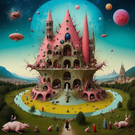 A (surreal and fantastical scene inspired by Hieronymus Bosch:1.1),
filled with intricate details and bizarre creatures,(modern architecture:0.85), otherworldly landscapes, grotesque and strange figures, 1girl walking,(black long leather coat,red medium hair,back view),vibrant yet muted Renaissance colors, symbolism, a chaotic and dreamlike atmosphere, high detail, intricate patterns, otherworldly beauty and horror,
bokeh,