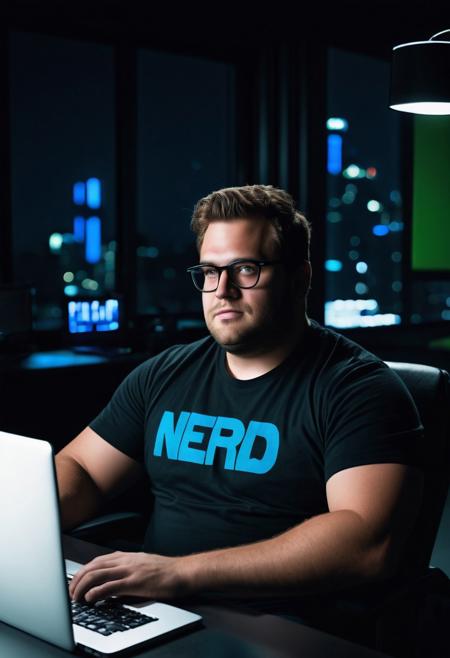 ((cinematic hazey atmosphere, romantic movie, romance film, arthouse film)), ((dark, night nighttime, dark background, shadows)), Tanned chubby 30 year old German man, wearing a black t-shirt and blue jeans, light brown messy hair, glasses, stubble, doublechin, broad face, blue green eyes, big fat arms, big neck, big belly, (nerd, programmer, coder), gentle smile, (sitting in dark office at night while programming on a high-tech computer),