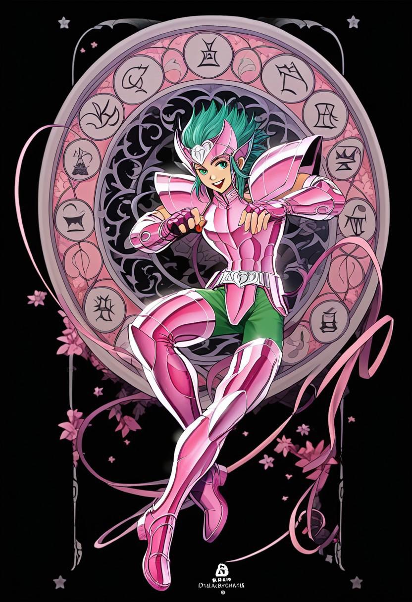 score_9, score_8_up, score_7_up, source_anime, masterpiece, best quality, 1boy, solo, andromeda shun, anshun, slim, pink sleeveless armor, long wavy green hair, pink helmet with two prongs and silver accents, pink vambraces, large pink pauldrons, fingerless pink gloves, pink thighhigh greaves, green pants, pink boots, stylized belt buckle with silver and pink accents, andromeda (symbol), black background, demoniac, dark, chiaroscuro, low-key, dynamic pose