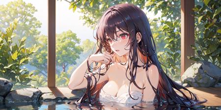 (Masterpiece:1.2, high quality), (pixiv:1.4), (1girl:1.2), (solo:1.2), (shenqi:0.6),upper body,
kasumigaoka utaha,Mature female body,red eyeshadow, towel, onsen, wet, collarbone, outdoors, nude, blush, sidelocks, bangs, breasts, rock, cleavage, blurry, bathing, bush, towel on head, red eyes, black hair, looking to the side, wet hair, looking away, hair between eyes, open mouth, upper body, parted lips
<lora:kasumigaokaUtaha_v1:0.7>