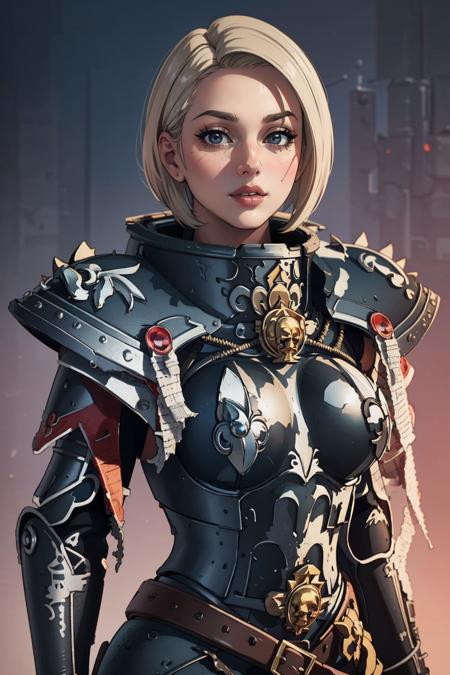 ((Masterpiece, best quality,edgQuality)),solo,1girl,
edgAdepta, looking at viewer, short hair, blonde hair, upper body, lips, realistic ,wearing edgAdepta,power armor,shoulder armor,skull emblem
 <lora:edgWar40KAdeptaSororitas:1>