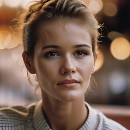 ellemacpherson a close up portrait photo of 26 y.o woman, Sassy Undercut Pixie , pale skin, detailed skin, tan, (freckles:.5), sitting, face closeup, 70s clothing, vintage coffee shop, chiaroscuro lighting, eye level, shot onlarge format, Fujicolor Pro, bokeh, in style of Miles Aldridge