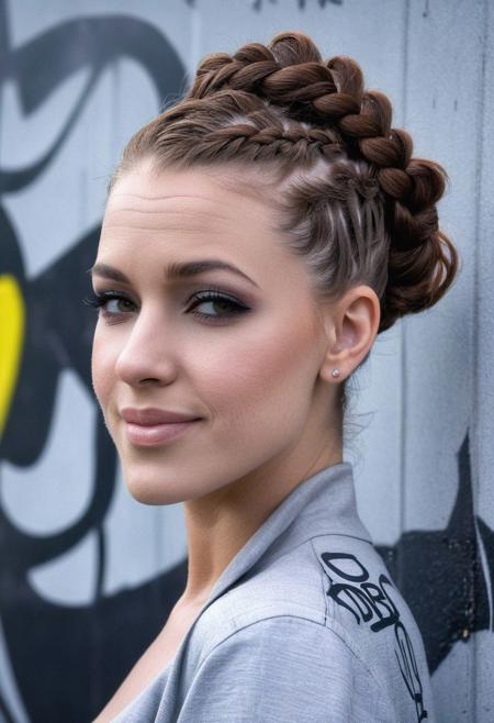 posing, fashion forward, professional, asphalt, graffiti, concrete wall, clouds, rain, sidelighting, dimples, close-up, auburn hair, braided updo, pale