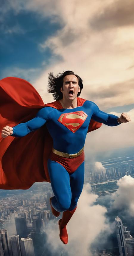 (indistinguishable from reality:1.4), Nicolas Cage as Superman, long hair,  angry face, whole body, young 30 yo, floating on the air, surrounded by clouds, flying  like a rocket  superfast with the fist up,  focus on his fist and face, Metropolis in the background, detailed.