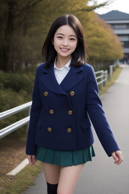 ooarai winter school uniform, (dark blue pea coat, green pleated skirt, black socks, brown loafers)