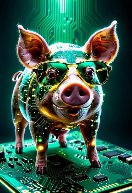 (sacred pig made entirely of circuit traces:1.5), (sunglasses:1.4), with a PCB board, (techno-nature fusion:1.3), glowing moss-like transistors, high realism, soft light rays through canopy, subtle green and gold hues, reflective metallic bark, serene but advanced, (TzigoCBS), lazympos, lazyneg, lazyxxx