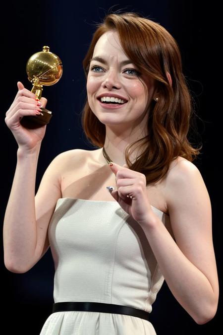 (masterpiece, 8k, detailed face), Emma Stone wearing a white dress, holding a statuette, crying happy tears