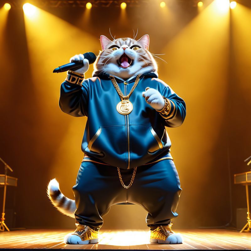 A cat dressed as a rapper singing on stage.