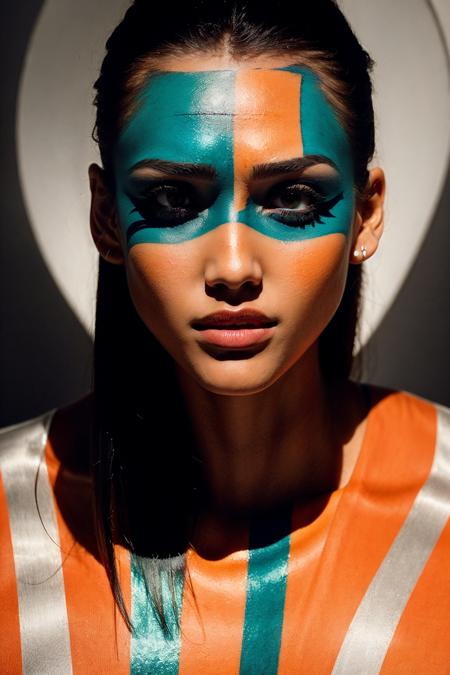 <lora:Jessica_Alba:0.8> A woman with her face painted in different colors, in the style of intense lighting and shadow, bold graphic lines, color stripes, polished metamorphosis, orange and blue, skillful lighting, precision painting