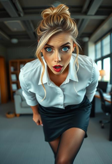 ((1women, solo)), blonde hair, blue eyes, hairbun, white dress shirt, black pencil skirt, black tights, torn clothes, shocked expression, beautiful colors, full body, high quality, highest quality, score_9, score_8_up, score_7_up, perfecteyes, best quality, masterpiece, 8k, perfect detailed face, perfect lighting, hd textures, 4ng3l face, Expressiveh, in an office, hyper muscle, veiny body, exmu