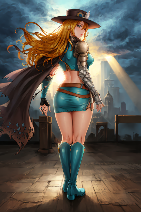 (highly detailed:1.3), 
warriorlady, skirt, ass, boots, miniskirt, from behind, knee boots, lens flare, 
Ultra-detail,(highres:1.1),best quality,(masterpiece:1.3),specular lighting,
(highly detailed face and eyes:0.6), <lora:warriorlady-12:0.9>