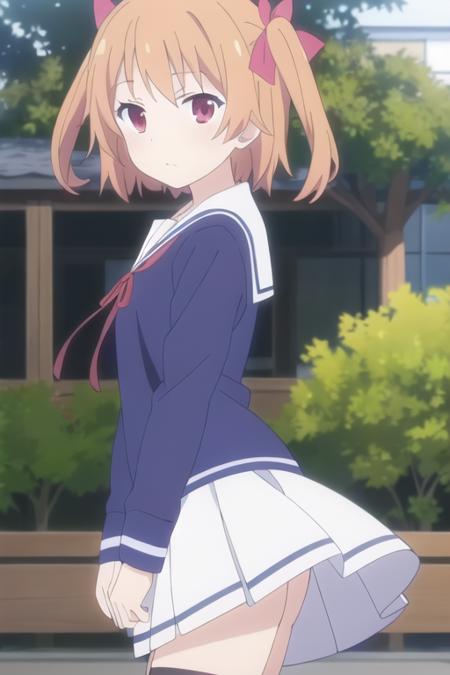 masterpiece, best quality,1girl,solo,anime screencap,harusaki chiwa,orange hair,short hair,twintails,red eyes, hair ribbon,school uniform,neck ribbon,blue shirt,white skirt, white legwear, <lora:harusakichiwa:0.5>
