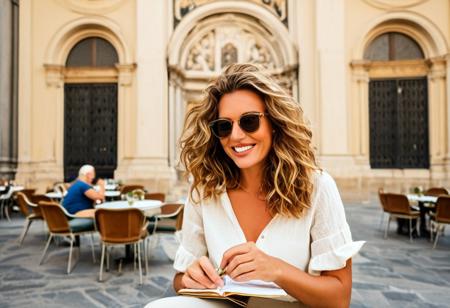 A meticulously detailed, hyper-realistic portrait of a Olivia, in her 35 years old ,with sun-kissed skin, bright green eyes, and a radiant smile. Her wavy, short light brown hair is casually tousled, framing her naturally beautiful face. natural textured skin, subtle wrinkles,sitting at a charming outdoor café in Florence, Italy. Her bright green eyes reflect the golden afternoon light as she enjoys a quiet moment, sipping an espresso from a delicate ceramic cup. She wears an elegant yet casual outfit—beige high-waisted trousers and a soft white linen blouse with the sleeves rolled up. A pair of stylish sunglasses rests on the table beside a leather notebook, a fountain pen, and a half-eaten cornetto.
The café’s round marble-topped tables and wrought-iron chairs sit on the warm, sunlit pavement, with terracotta buildings and blooming bougainvillea in the background. The iconic dome of the Florence Cathedral (Duomo di Firenze) rises in the distance, partially framed by rustic shutters and hanging flower baskets. Soft chatter in Italian, the distant melody of a street musician playing a violin, and the rhythmic clinking of coffee cups create an authentic Florentine atmosphere.