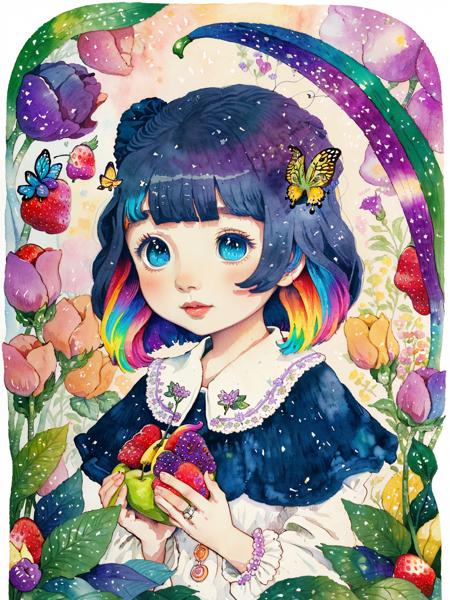 (((portrait))) ,(((masterpiece))),(((best quality))), ((ultra-detailed)), (illustration), ((an extremely delicate and beautiful)),floating, (beautiful detailed eyes), (detailed light),(((fruit))),flowers,(((((colorful))))),garden,by alan lee,colorful background,forest,bird,butterfly,<lora:mkru:1>mkru chibi