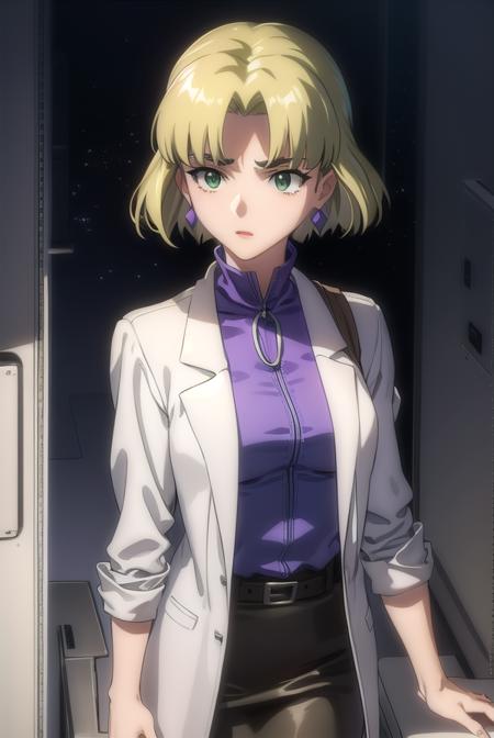 ritsukoakagi, <lora:ritsuko akagi rebuild-lora-nochekaiser:1>,
ritsuko akagi, short hair, blonde hair, mole, mole under eye, (parted bangs:1.5), (green eyes:1.5),
BREAK lipstick, skirt, jewelry, pantyhose, earrings, belt, pencil skirt, labcoat, shirt, purple shirt, turtleneck, zipper,
BREAK indoors, laboratory,
BREAK looking at viewer, (cowboy shot:1.5),
BREAK <lyco:GoodHands-beta2:1>, (masterpiece:1.2), best quality, high resolution, unity 8k wallpaper, (illustration:0.8), (beautiful detailed eyes:1.6), extremely detailed face, perfect lighting, extremely detailed CG, (perfect hands, perfect anatomy),