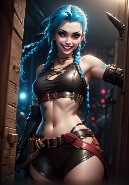 <lora:jinx:0.8>, jinx, grin, portrait,, (acclaimed, alluring, captivating, exciting, gorgeous, striking:1.3), charming, (trending on CGSociety, trending on pixiv, contest winner:1.3)