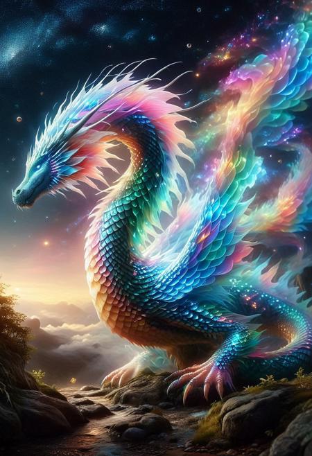 Fabulous world, fantasy, magical, colorful, stars, dark sky, starry skies, colorful trees, twinkle, shine, gleam, night, stars, northern lights, flying dragon, pleasant, delightful, affectionate, people walking, commemorate, 
colorful, dark, digital, fantasy, futuristic, surreal, 
atmospheric, characters, dragons, eeriness, fantasy, illustration, elegant, majestic, 
((beautiful, painterly, detailed, textural, artistic, aesthetic)), (masterpiece, best quality), (((intricate details, highly detailed, ultra-detailed, absurdres:))), (unreal engine, octane rendering, high contrast, vivid, vibrant, volumetric lighting), 
studio lighting, best texture quality, beautiful detailed scenery, 
midjourneyv6.1, p1nk1r1sc4l3s, made out of iridescent scales