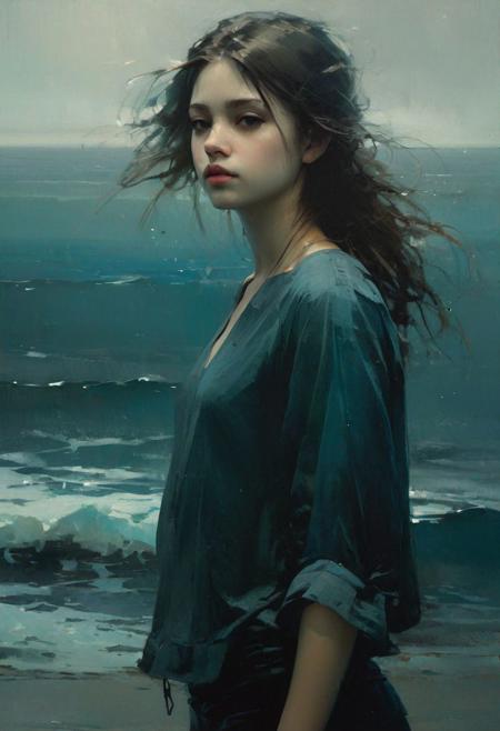 girl and sea, realistic style, deep sea colour palette, faded colors, Jeremy Mann