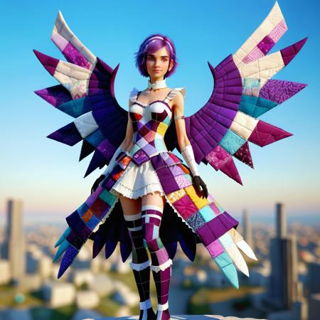ptchkrawk, a female character made of patchwork fabric with a futuristic, fantasy-inspired design. The character has fair skin and short, purple hair adorned with a white flower. She has large, expressive blue eyes and a delicate, feminine face. She is dressed in a vibrant, white and purple outfit made of patchwork fabric that includes a short, frilly dress with a white collar. The dress has a high slit, revealing her black thigh-high stockings made of patchwork fabric and a glimpse of her upper thighs. Her attire is complemented by long, white gloves and matching boots made of patchwork fabric with purple accents. She wears a white belt with a purple gem at the center, adding to the futuristic aesthetic. The character is equipped with large, wings made of patchwork fabric that have a glowing blue hue, giving her a celestial appearance. Her arms are outstretched, and she appears to be in mid-flight or leaping, suggesting motion and energy. The background is a futuristic city landscape.
