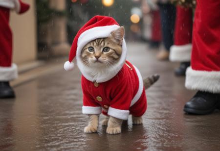 cute little kitten in a red christmas costume with a santa hat walking on two legs, other people around, rain, shy, happy, proud, walking on two legs, sack of presents, hyper-detailed, vivid colors, high res, hyper-detailed, ultra-sharp, professional photo