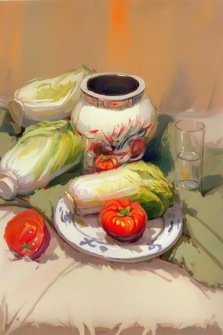 still life watercolor,masterpiece,best quality,white clay pot,1 tall glass,plate,orange_juice,Chinese cabbage,patatata,tomato,fragarach_(fate),<lora:still life watercolor:1>,green blanket,