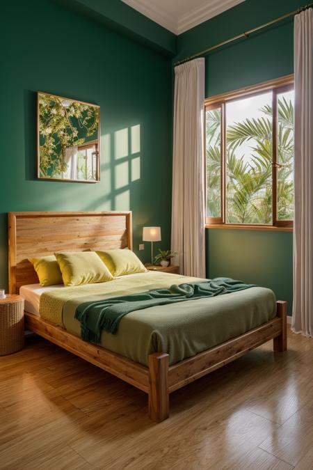 photography, bedroomtropical twinbed with green wallpaper, plant, dim light, mirror, yellow curtains, flower paintings, ornament, wooden floor, yellow light, dawn, palm tree, waterfall, stone, <lora:ARWBedroomTropical:1>