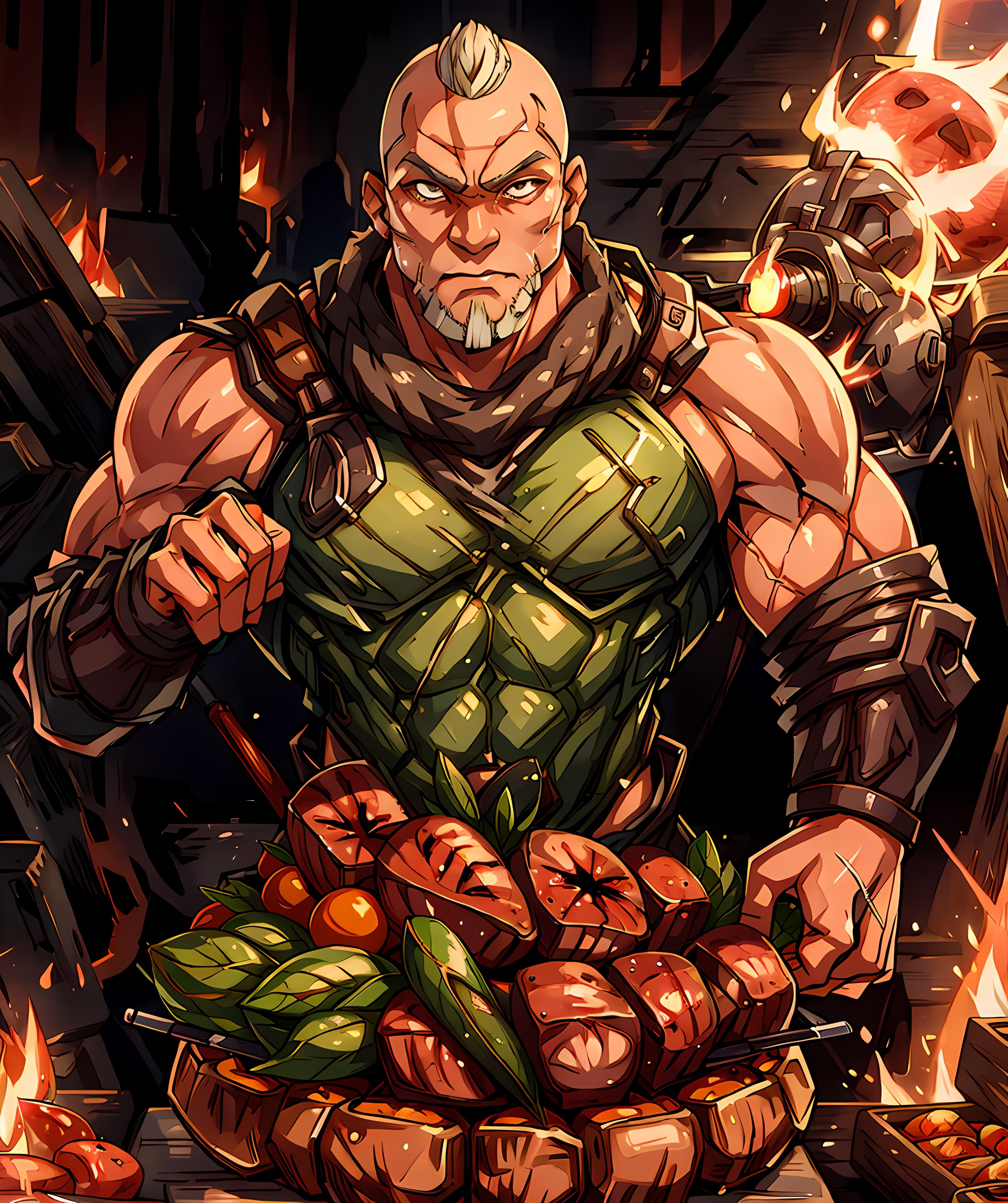 the_betrayer, looking at viewer, barbeque grill, grilled meat, vegetable, tomato grill, bald, beard, (muscular:1.1) <lora:...