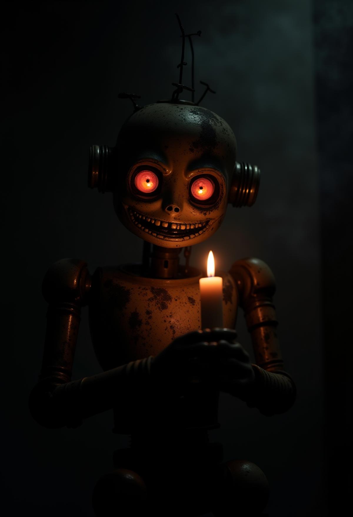 black, vntblk, silhouette, backround, an old rusty cyborg mech holding a dimly lit candle in front of it's face illuminating it's sinister smile