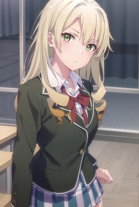 yumikomiura, <lora:yumiko miura s2s3-lora-nochekaiser:1>, 
yumiko miura, long hair, blonde hair, (green eyes:1.3), drill hair,
BREAK skirt, ribbon, school uniform, jacket, black jacket, plaid, plaid skirt, blazer, sobu high school uniform,
BREAK indoors, classroom,
BREAK looking at viewer, (cowboy shot:1.5),
BREAK <lyco:GoodHands-beta2:1>, (masterpiece:1.2), best quality, high resolution, unity 8k wallpaper, (illustration:0.8), (beautiful detailed eyes:1.6), extremely detailed face, perfect lighting, extremely detailed CG, (perfect hands, perfect anatomy),