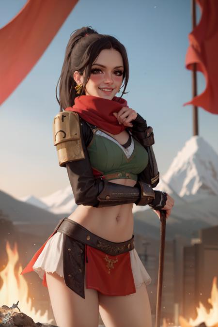 (masterpiece, best quality:1.2), <lora:style_themaestronoob-10:1>, cowboy shot, solo, 1girl, smile, closed mouth, ponytail, yellow eyes, armor, scarf, mountains, flames, flags, campfire