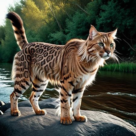 A majestic Bengal cat with a marble-patterned coat, but its fur is wildly long, thick, and fluffy like a Wookiee from Star Wars. The cat stands proudly on a rockbeeside an river clear as  shiny, its oversized Wookiee fur blowing gently in the breeze. The marble pattern glimmers subtly beneath the thick strands. The cat's eyes glow with fierce intelligence, and its tail is bushy like a lion’s mane. Hyperrealistic, fantasy creature, surreal texture fusion, dramatic side lighting, ultra-detailed fur rendering, cinematic mood, inspired by wildlife photography and creature design. Epic lightning