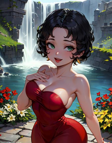 (BettyBoopWaifu:1), 1girl, cute, cute pose, (short hair, black hair, green eyes), (red dress), curvy, looking at viewer, smile, :D, breast focus, 
(detailed ladscape, castle, garden, flowers, waterfall:1.2), window, (background:1),  (dynamic_angle:1.2), (dynamic_pose:1.2), (rule of third_composition:1.3), (dynamic_perspective:1.2), (dynamic_Line_of_action:1.2), solo, wide shot,
(masterpiece:1.2), (best quality, highest quality), (ultra detailed), (8k, 4k, intricate), (full-body-shot:1), (Cowboy-shot:1.2), (50mm), (highly detailed:1.2),(detailed face:1.2), detailed_eyes,(gradients),(ambient light:1.3),(cinematic composition:1.3),(HDR:1),Accent Lighting,extremely detailed,original, highres,(perfect_anatomy:1.2),
<lora:BettyBoop_character-10:1>