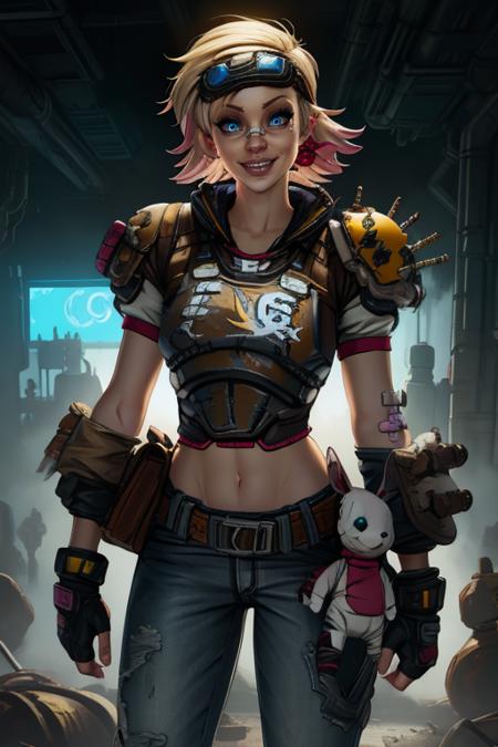 Tina, short hair, blue eyes, solo, standing, happy,   smile, 
TGear, belt,pants,goggles on head,midriff,gloves,earrings,fingerless gloves,sneakers,stuffed toy,bandaid on face,jeans,hair ribbon,armor,
western bar, wastelands,  cyberpunk, 
(insanely detailed, beautiful detailed face, masterpiece, best quality)   <lora:Tina:0.8>