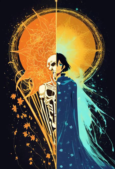 score_9, score_8_up, score_7_up, Subject: Skeleton figure, death personification, human skeleton
Attire: Draped in a flowing blue cloak, ethereal appearance, delicate fabric
Headpiece: Crown of roses, vibrant pink and red flowers, green leaves, floral crown
Expression: Peaceful, solemn, hollow eyes, skeletal face, slight smile implied by bone structure
Background: Glowing orange-yellow halo, circular, sunburst effect, radiant light beams extending outward
Lighting: Dramatic lighting, dark background with vivid highlights, contrast between warm halo and cool blue tones
Atmosphere: Mysterious, spiritual, otherworldly, Gothic and surreal vibe
Color Palette: Dark blacks, vibrant yellows, oranges, cool blues, pinks, high contrast
Pose: Right hand placed gently on chest, left hand hidden in cloak folds, relaxed and reverent stance
Mood: Sacred, serene, reverent, blending themes of life, death, and beauty, SplitStyle, ng_deepnegative_v1_75t, easynegative, verybadimagenegative_v1.3
