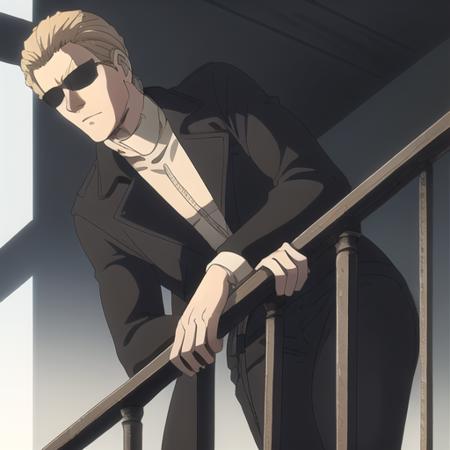 (Albert Wesker:1.4), upper body, highly detailed, highres, extremely detailed, detailed background, perfect eyes, perfect face, high quality, detailed face, anime, best quality, masterpiece, 4k, 8k, absurd resolution, cinematic lights, intricate detail, detailed hands, animation, illustration, (blonde hair:1.4), (1man), mature male, looking at viewer, shades, sunglasses, 1boy, black shirt, black trench coat, high definition, sharp focus, <lora:neg4all_bdsqlsz_V3.5:1>, OverallDetail, deep shadow, dimly lit, shade, animification, <lora:dreamlookai_lora_db_bb89d853_ckp_9966b693_step_3000_Wesker:0.7> wesker, <lora:Hiroyuki Kitazume:0.4>, edgQuality, Illust-InstaFilter, <lora:beard_slider_v10:-3>, <lora:gender_slider_v1:-4>, slick back hair, <lora:AlbertWeskerRE:0.5> AlbertWeskerRE, <lora:neg_bdsqlsz_V2:1>, <lora:hyperdenoiser_v090:0.6>, <lora:hyperrefiner_v090:0.6>, (balcony), (lean in balcony), full body, legs