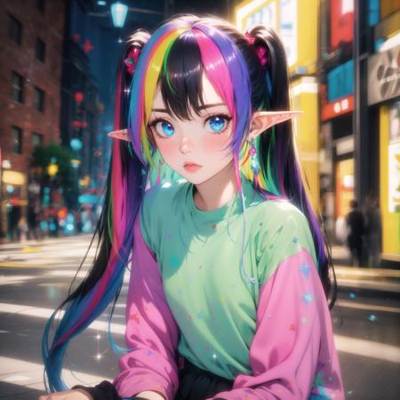 masterpiece, high quality, highres, absurdres, 1 girl, black hair, very long hair, elf ears, blue eyes, twintails, ((colorful hair)),  glimmer, glitter, small breasts, casual clothes, street, blush, sitting, glowing, glow, chistyle, style, chi, detailchi, rolling eyes, half body, jewelry, <lora:GoodHands-beta2 (1):1.5>,   <lora:chiistyle:0.4>, <lora:asb-CH2:1>,