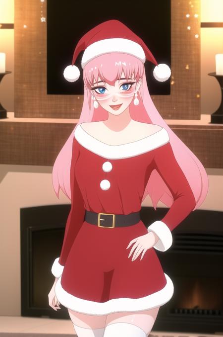 masterpiece, high quality, highres, 1girl, solo,
<lora:Belle-v1-01:1>, ChopioBelle, pink hair, long hair, jewelry, earrings, white hairband, blue eyes, (blush:1), looking at viewer,
medium breasts, seductive smile, santa outfit, santa hat, belt, long skirt, thighhighs, zettai ryouiki, 
indoor, living room, standing, Christmas tree, fireplace, warm glow,