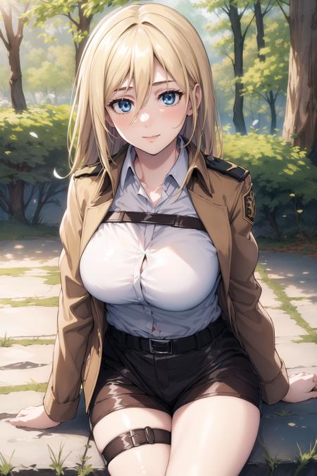 (day:1.7), Forest background,
sitting on the floor,
brown jacket,long sleeves,thigh strap,white shirt, military uniform,belt, Black_pencil_skirt,
<lora:Historia_Reiss_AOT-KK77-V2:0.7>,thigh strap, thighs,
blonde hair,blue eyes,bangs, Long_hair,(hair between eyes:1.3),
1 girl, 20yo,mature female,Beautiful Finger,Beautiful long legs,Beautiful body,Beautiful Nose,Beautiful character design, perfect eyes, perfect face,
looking at viewer, in the center of the image,focus on face,
NSFW,official art,extremely detailed CG unity 8k wallpaper, perfect lighting,Colorful, Bright_Front_face_Lighting,
(masterpiece:1.0),(best_quality:1.0), ultra high res,4K,ultra-detailed,
photography, 8K, HDR, highres, absurdres:1.2, Kodak portra 400, film grain, blurry background, bokeh:1.2, lens flare, (vibrant_color:1.2)
(Beautiful,Large_Breasts:1.2), (beautiful_face:1.5),(narrow_waist),